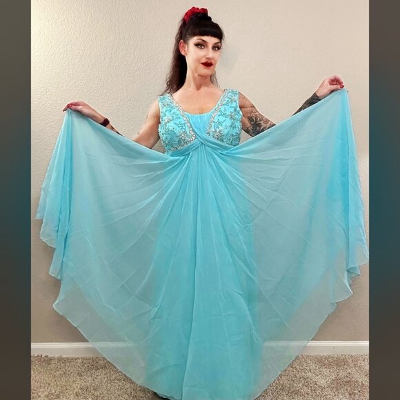 Rare 60s Vintage Roger Milot Blue Chiffon Beaded Formal Dress MCM Pinup L XL - Picture 1 of 14